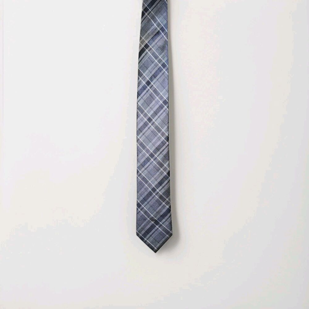 Calvin Klein 100% Silk Tie Blue Gray Plaid Men's Necktie Classic